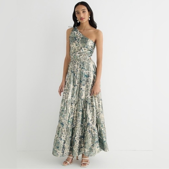 J Crew Collection one-shoulder cutout dress in floral Lurex® chiffon BP893 14 - Picture 1 of 5